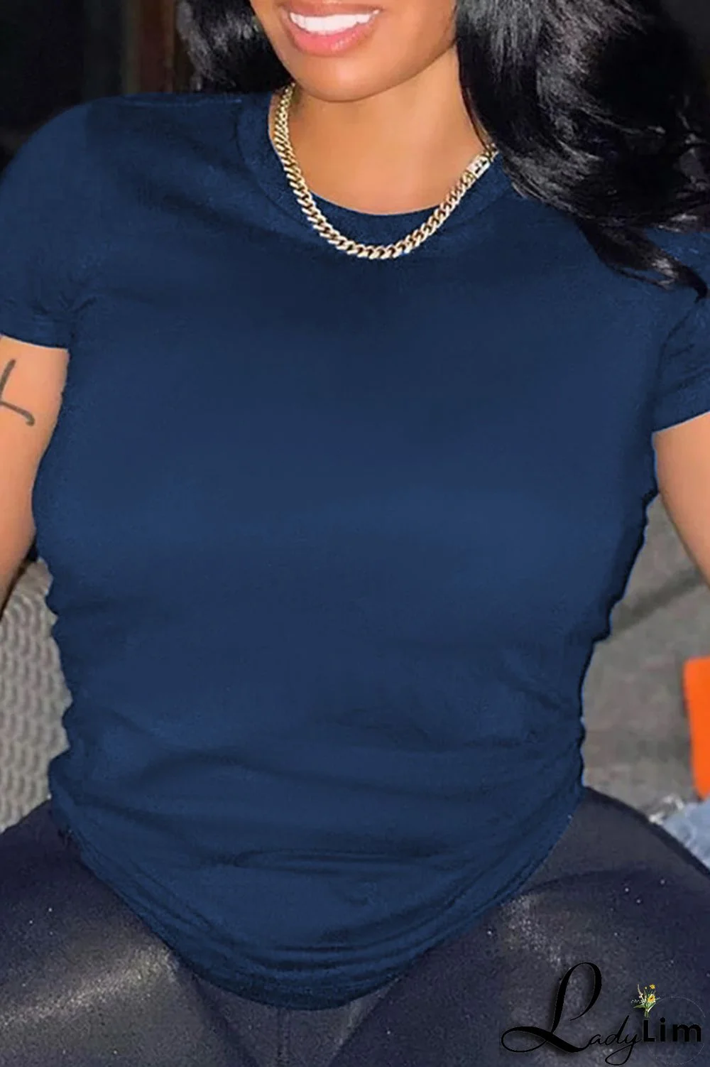 Black Fashion Street Solid Split Joint O Neck T-Shirts