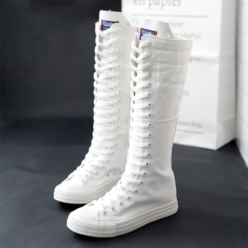 TINO KINO Women Canvas Lace Up Knee High Boots Cross Tied Zip Plus Size Ladies Flat Shoes Female Fashion Casual Sneakers Autumn