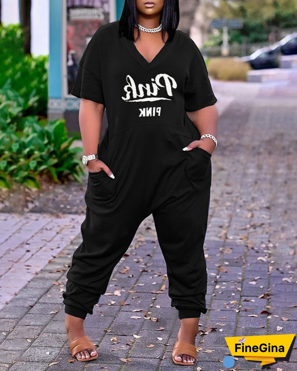Letter Print V-Neck Short Sleeve Pocket Design Jumpsuit