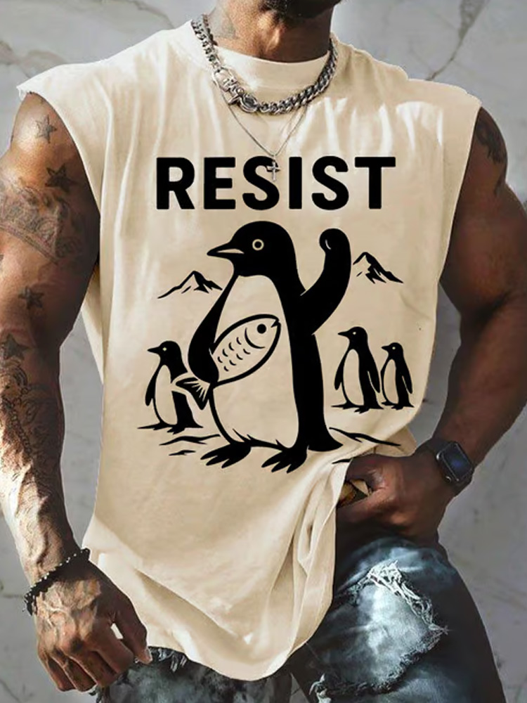 Comstylish Men's Penguins Resist Print Round Neck Tank Top