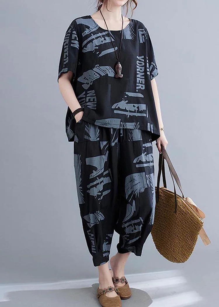 Plus Size Black Print crop pants Two Pieces Set Summer ( Limited Stock)