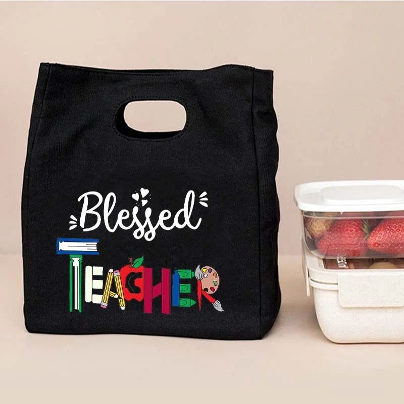 Blessed Teacher Functional Cooler Lunch Bags Portable Insulated Canvas Bento Tote Thermal Food School Food Storage Bag Best Gift