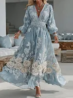 Women's Vintage Blue Rose Embroidery Long Sleeve Casual Maxi Dress