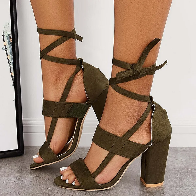 Classic Chunky Heel Shoes Office Strappy Sandals Wrap Vegan Suede Heels |FSJ Shoes