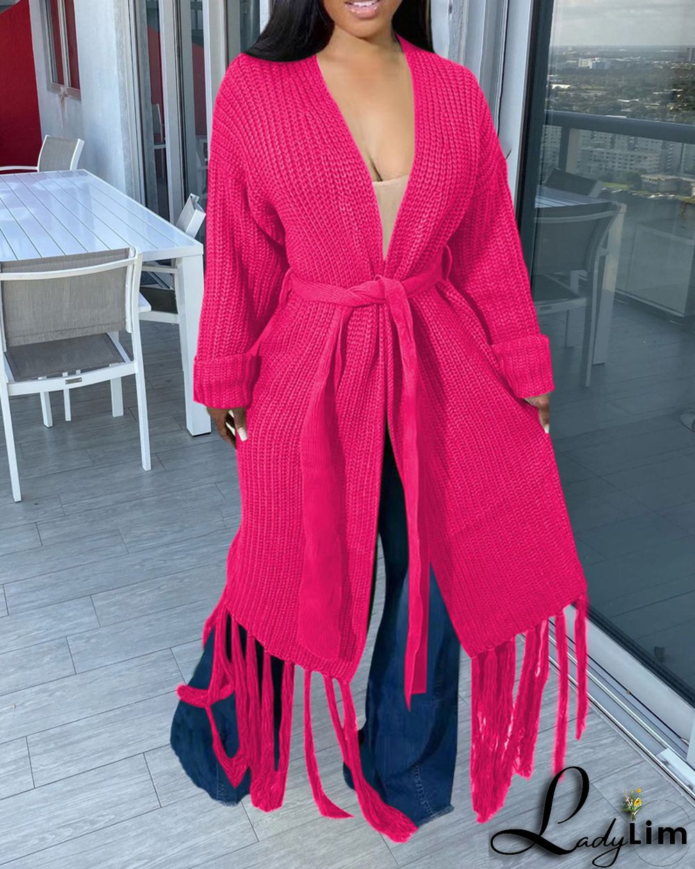 Women Long Sleeve Fringe Cardigan Sweater