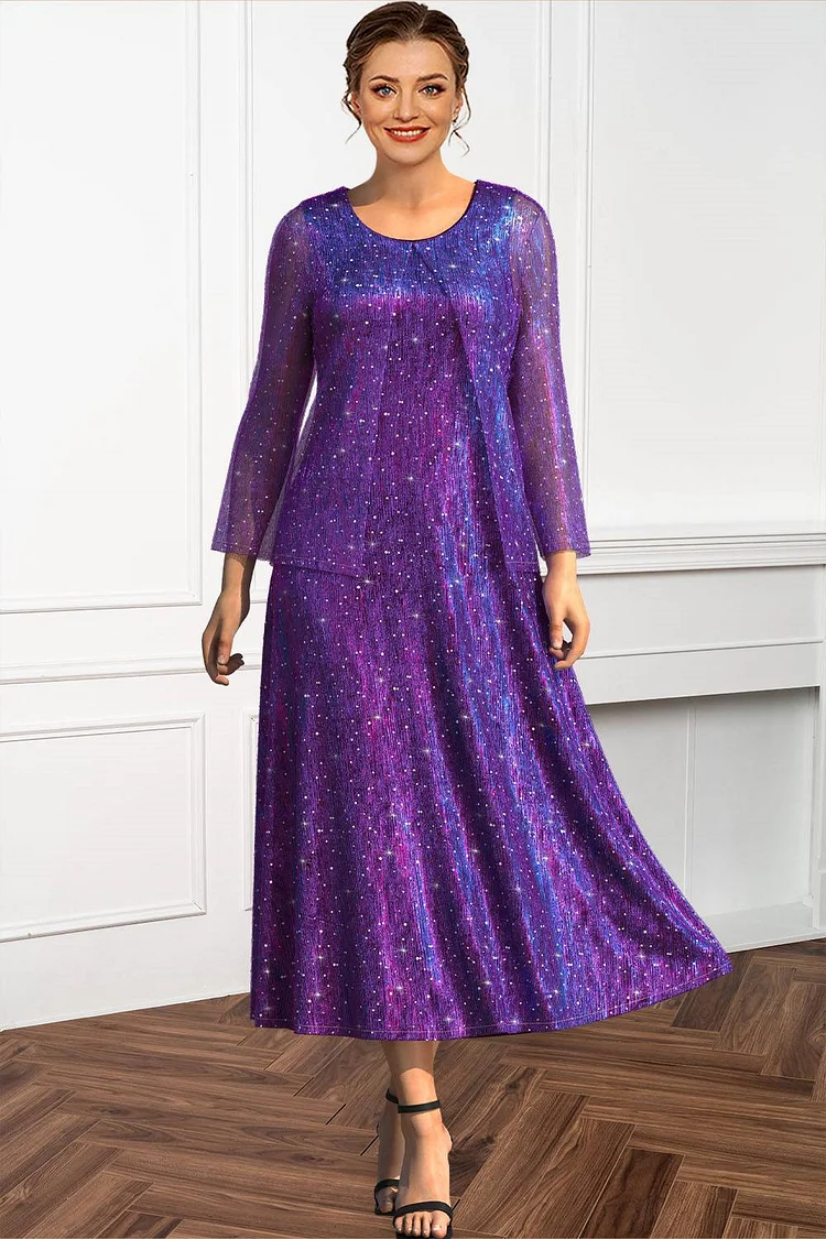 Flycurvy Plus Size Mother Of The Bride Purple Sparkly Sequin Two Pieces Tea-Length Dress With Jacket  Flycurvy [product_label]