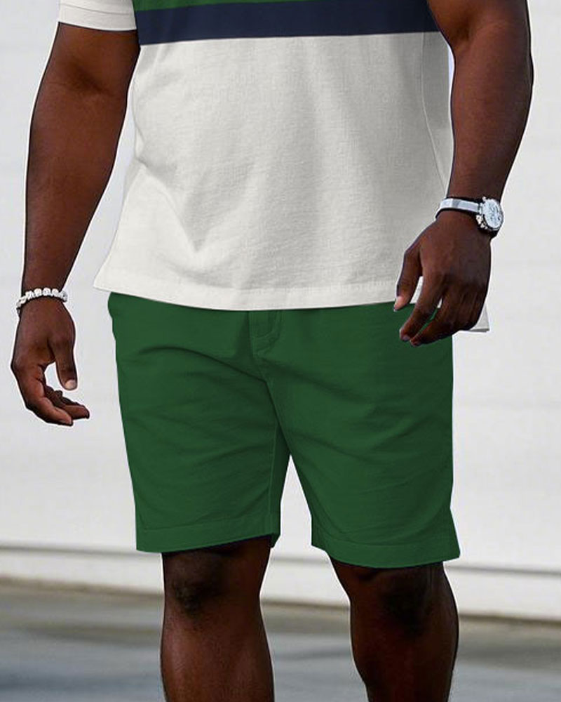 Men's large size Casual Green & White Chest Logo Print Short-sleeved polo shorts set
