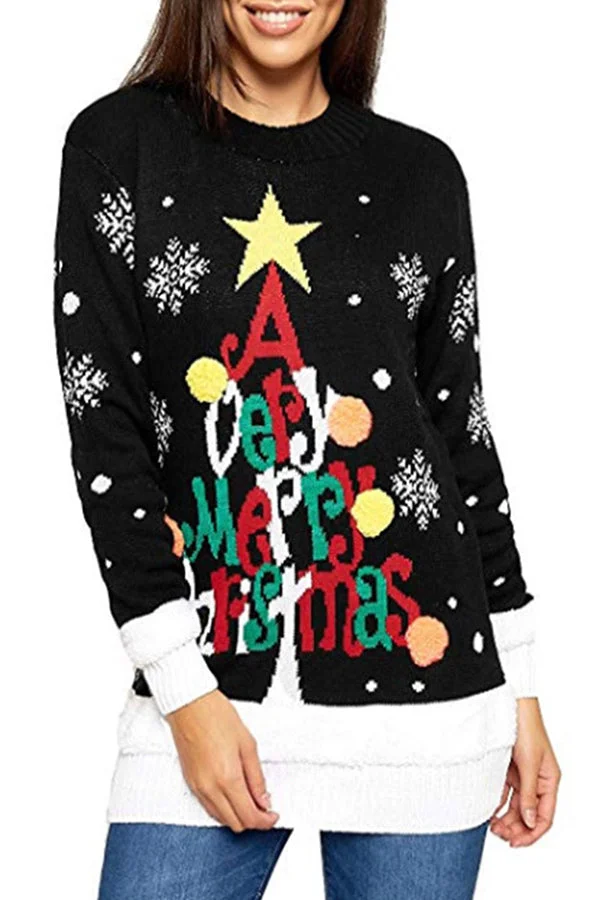 Letter Print Pullover Christmas Sweater Black-elleschic