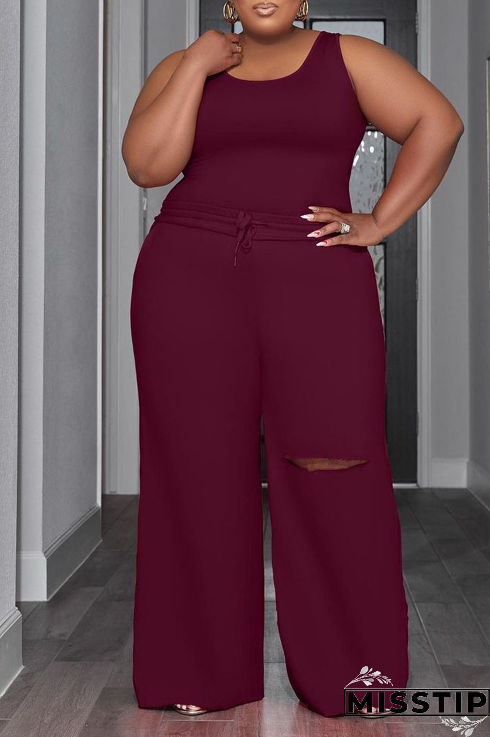 Deep Blue Casual Solid Hollowed Out Patchwork U Neck Plus Size Two Pieces