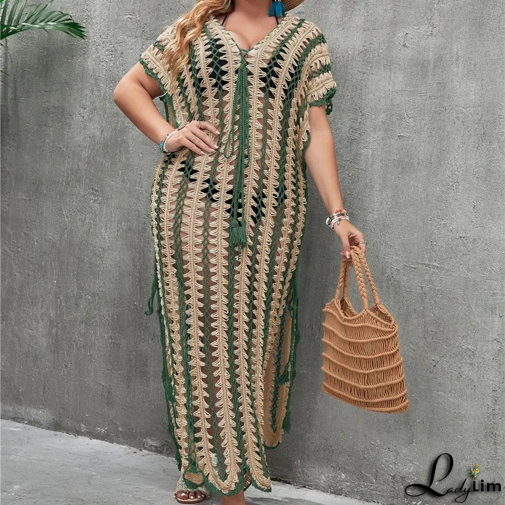 Women's V-Neck Cotton Short Sleeves Hollow-Out Beach Cover Up