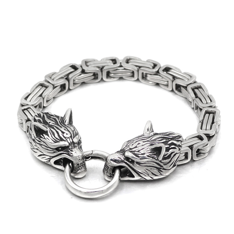SOLID STAINLESS STEEL KING'S CHAIN WOLF HEAD BRACELET