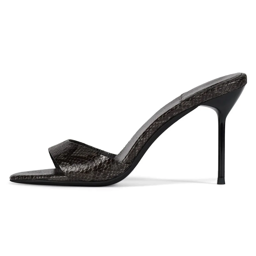 YDN Black & Grey Round Toe Comfy  Python Slip On High Heel Mules