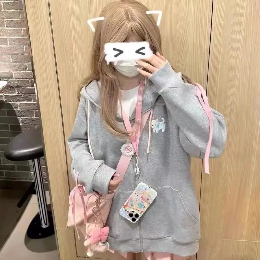 Tlbang Harajuku Kawaii Gray Zip Up Hoodies Women Sweet Cute Cat Ear Hooded Sweatshirts Japanese Oversized Casual Tops Korean