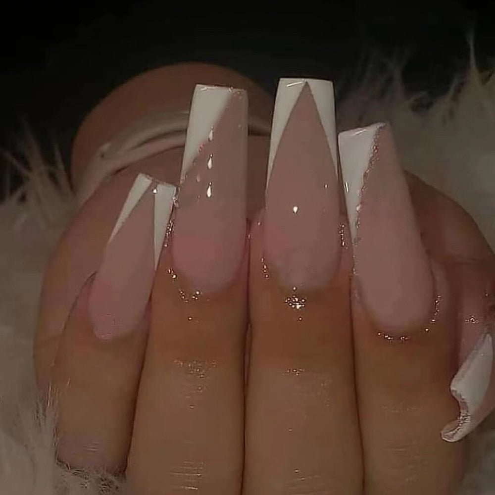 24pcs Detachable Glossy Ombre Pink French Ballerina Coffin False Nail Press on Ballet Fake Nails Tips Reusable Wear Full Cover