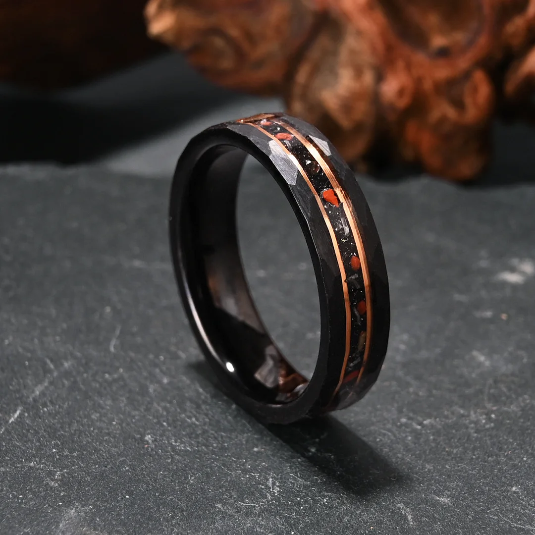 6MM 8MM Dinosaur Fossil Inlay Tungsten Carbide Rings Electroplated Black Tungsten Wedding Bands