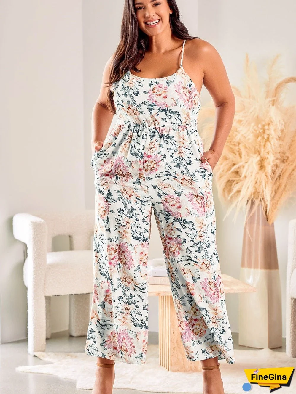 White Plus Size Floral Print Sleeveless Wide Leg Jumpsuit
