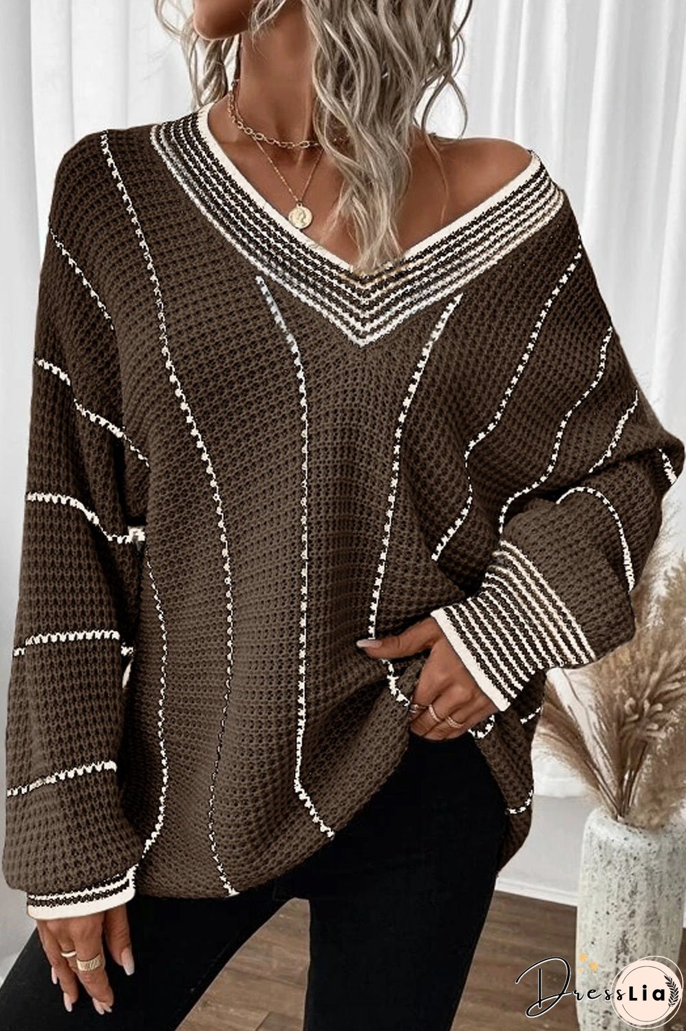 Striped V-Neck Dropped Shoulder Sweater