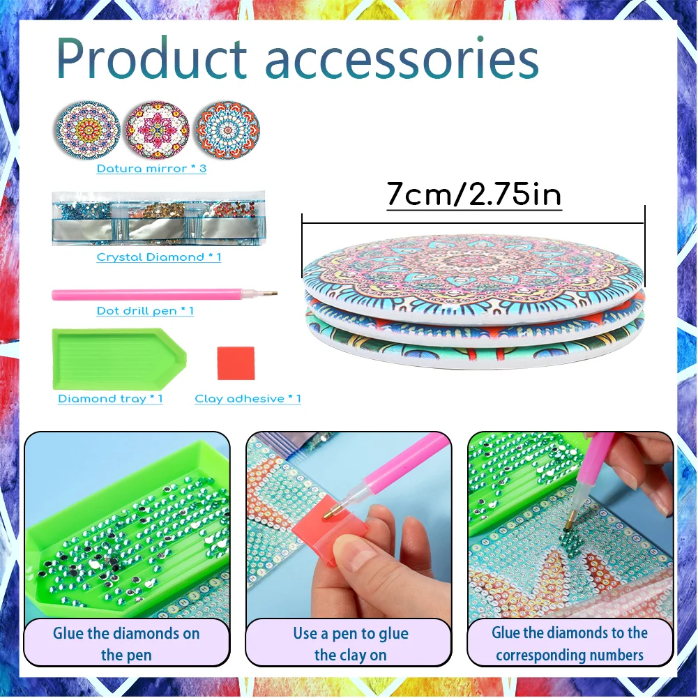 3pcs Diamond Painting Makeup Mirror Portable DIY Datura for Girl