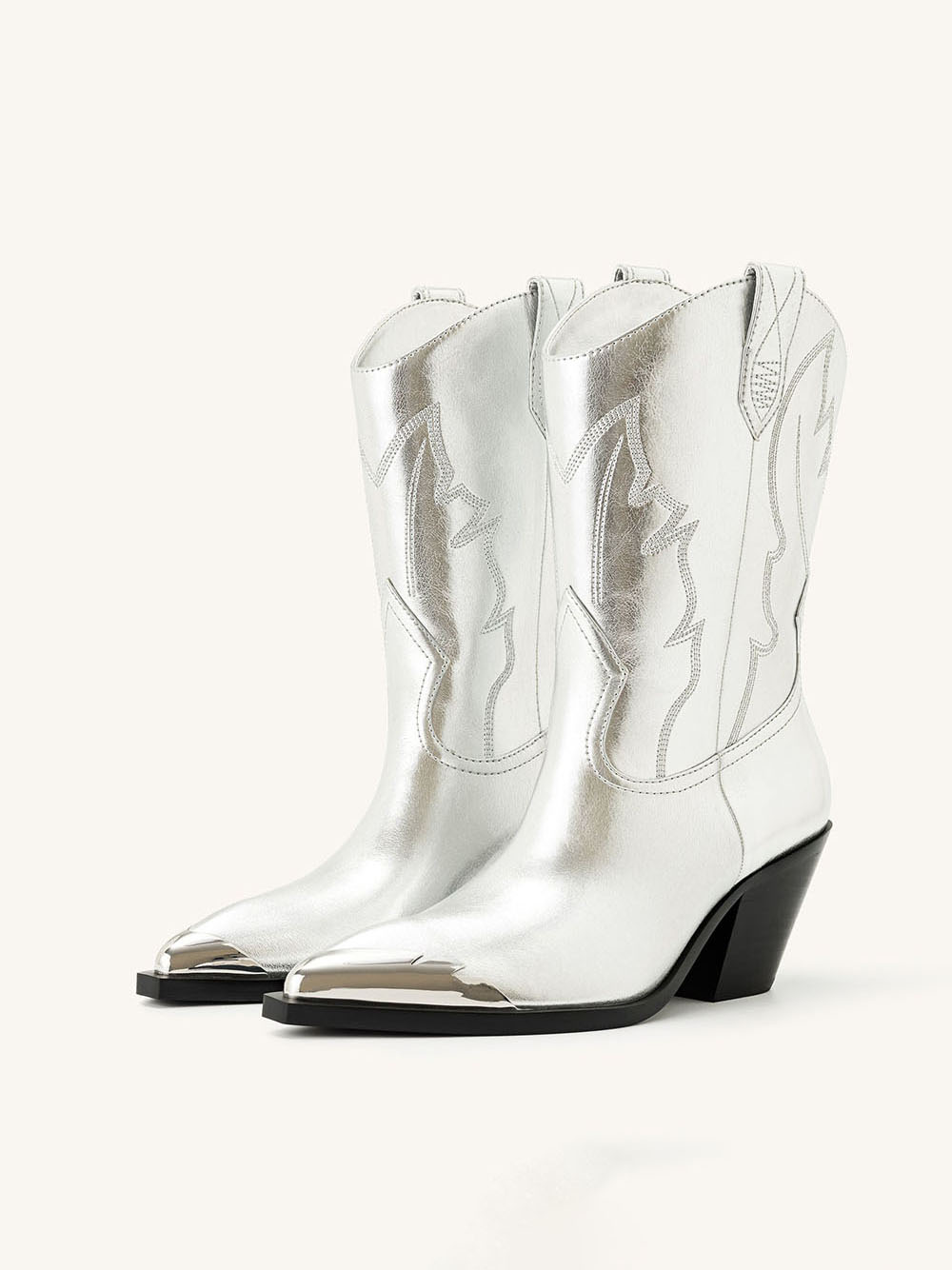 Silver Metallic Vegan Leather Pointed Toe Embroidered Cowgirl Booties