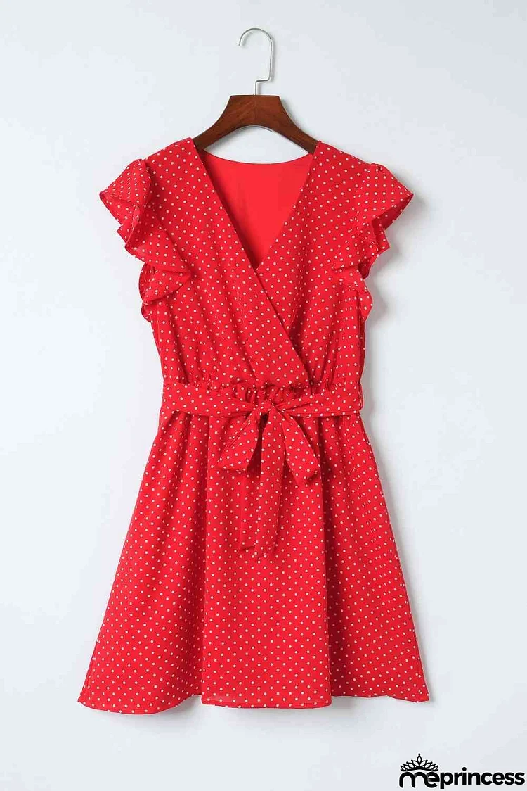 Polka Dot Surplice Neck Tie Waist Dress