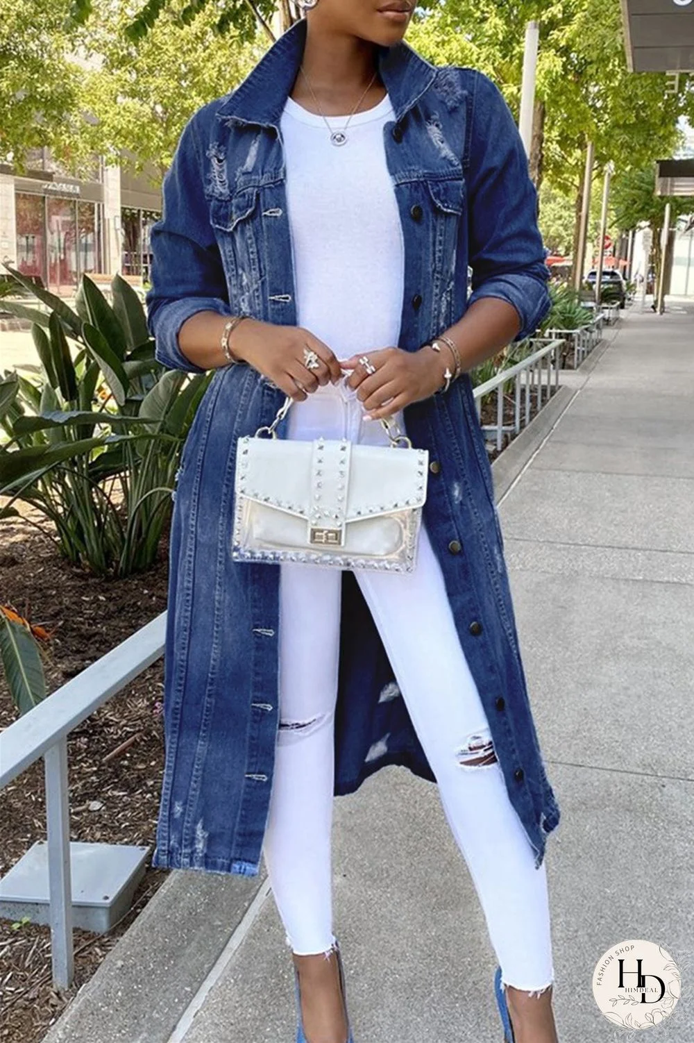 Deep Blue Casual Solid Ripped Patchwork Turndown Collar Long Sleeve Regular Denim Jacket