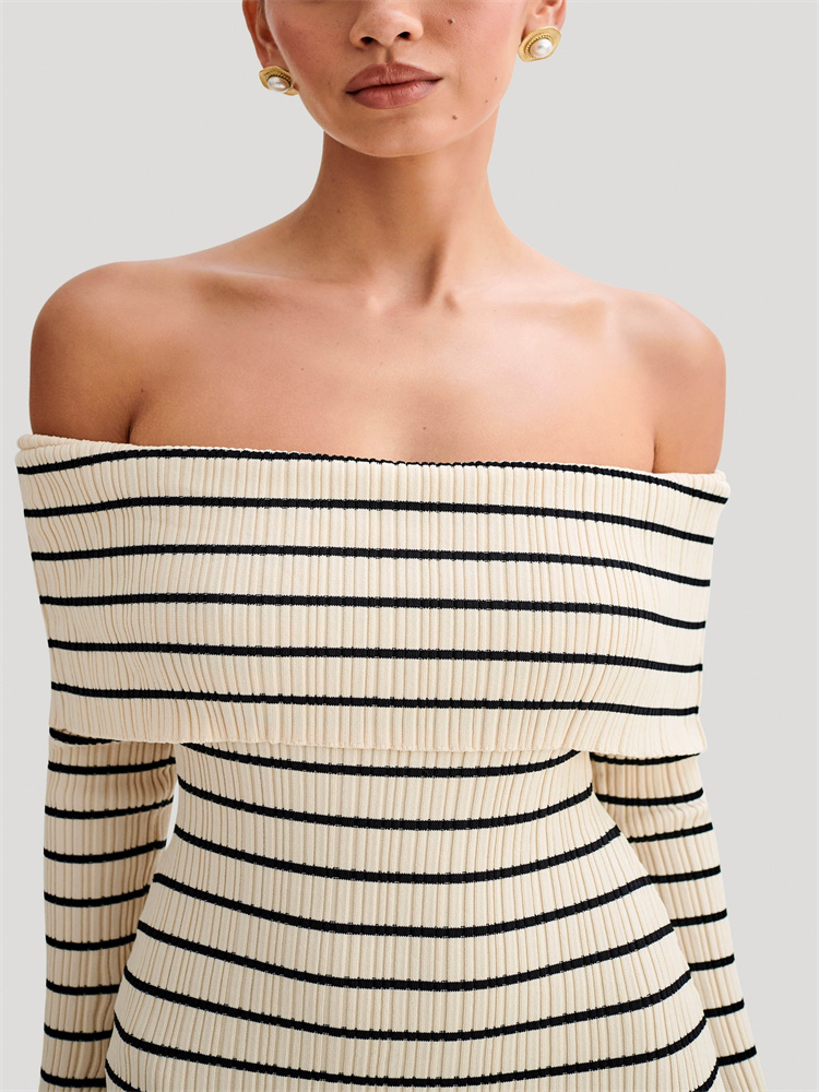 Ootddress Striped Knit Sweater Mini Dress For Women Bandeau Backless Elegant Fashion Summer Contrast Party Dress Knitwear Mini Dress