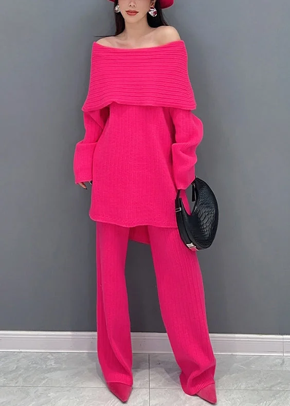 Italian Rose Slash Neck Tops And Pants Knit Two Pieces Set Spring