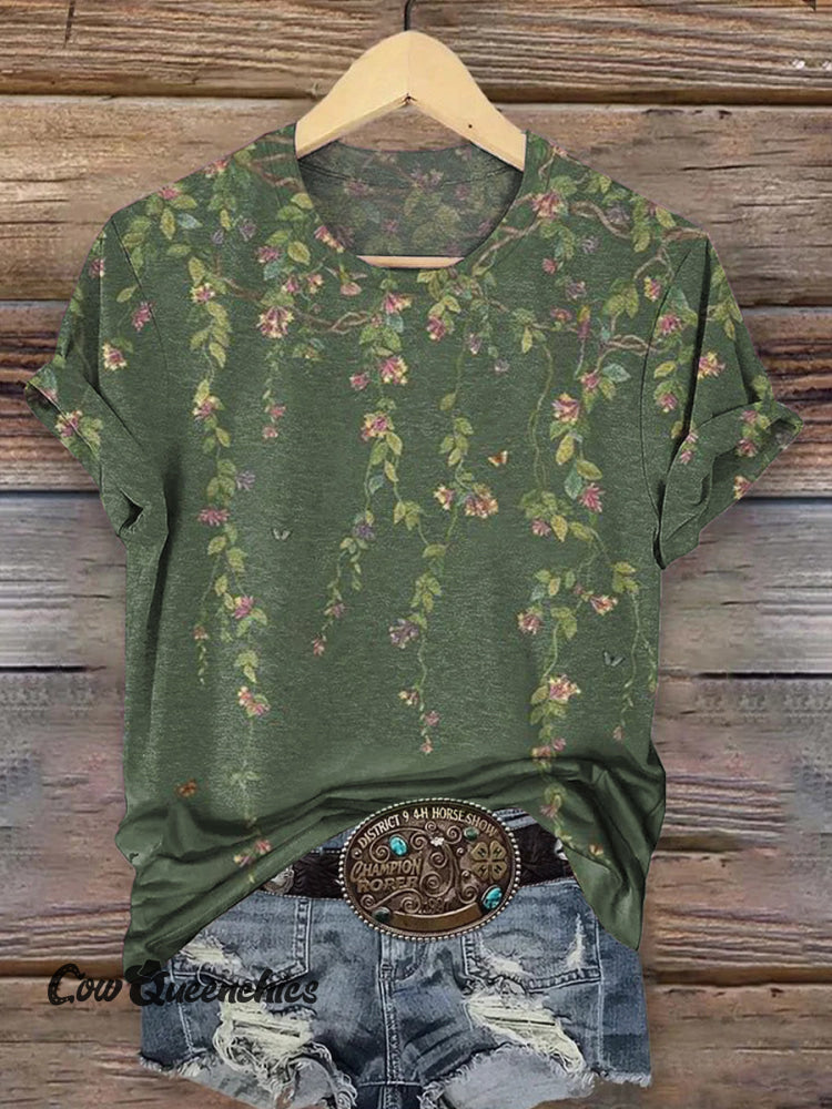 Vintage Floral Art Print Short Sleeve Crew Neck T-shirt Multicolor / S