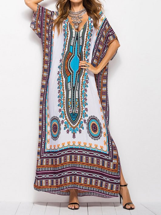 Women's Short Sleeve V-neck Graphic Printed Beach Maxi Dress