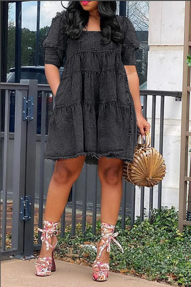 Plus Size Grey Daily Denim Puff Sleeve Babydoll Dress Mini Dress [Pre-Order]