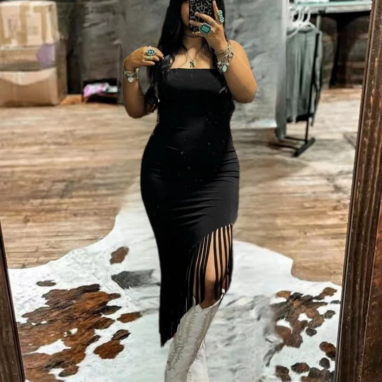 Black Asymmetrical fringe Dress