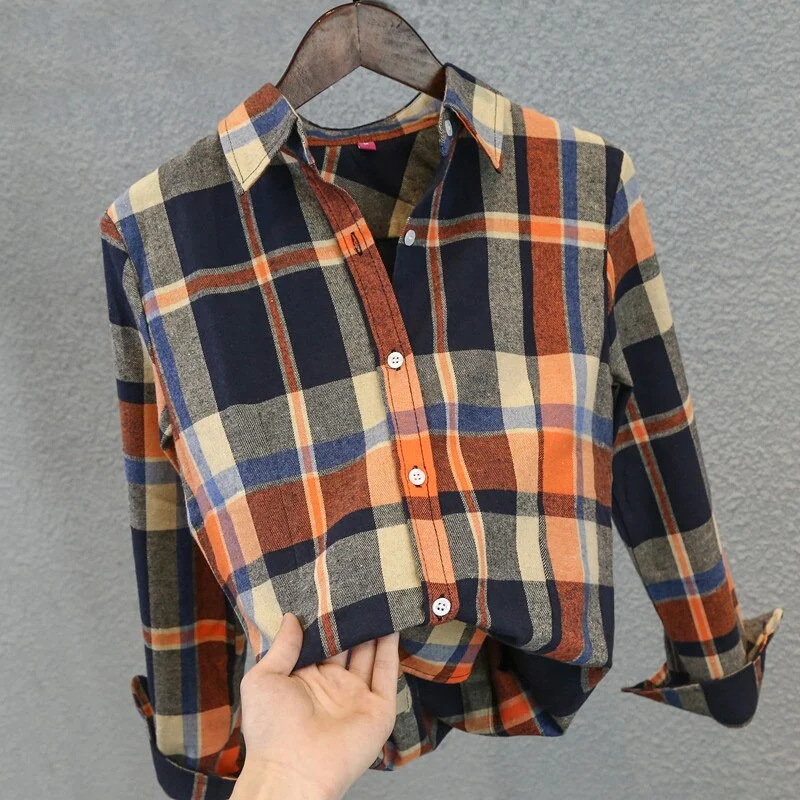 2021 Spring New Fashion Women Plaid Blouse Long Sleeve Female Casual Lapel Checks Flannel Shirts Slim Cotton Tops Blusas