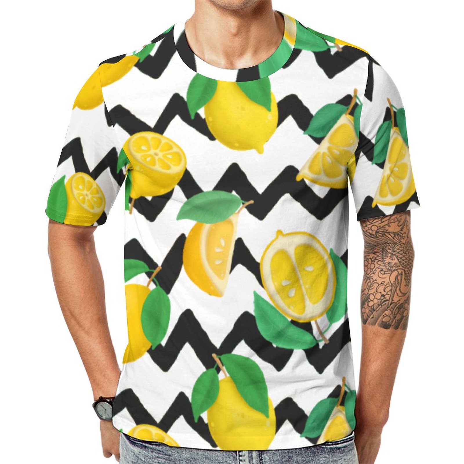 Yellow Lemon Green Tree Leaves With Black Chevron Short Sleeve Print Unisex Tshirt Summer Casual Tees for Men and Women Coolcoshirts