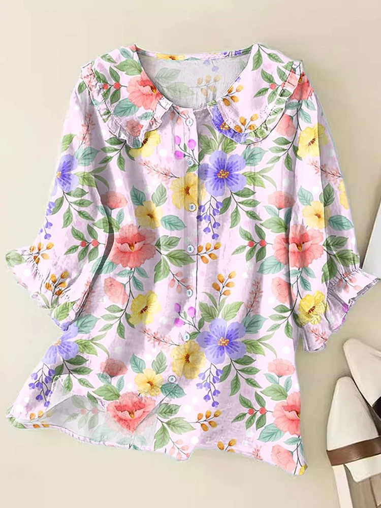Women's  Fresh Floral Art Print Loose Top Peter Pan Collar Half Sleeve Blouses