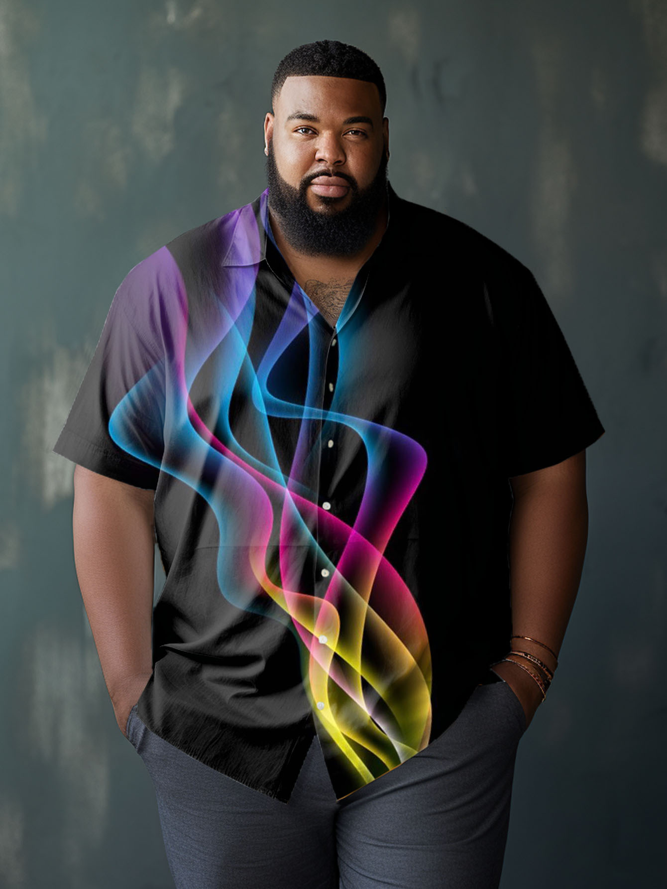 Big Men's Casual Colorful Abstract Aurora 3D Print Short Sleeve Lapel Shirt