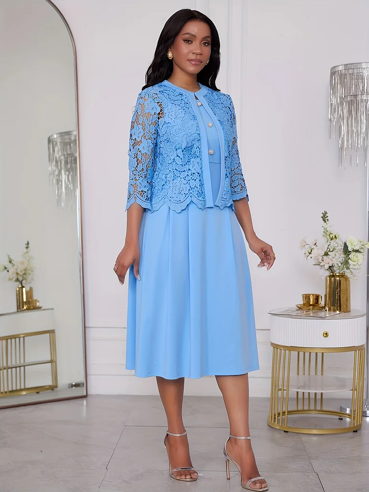 Fashionable Women's Dress Light Blue Sleeveless Round Collar Button Trim Slim Elegant Dress Lace Seven-Minute Sleeve Hollowed-Out Cardigan Elegant Dress Suit Btg261
