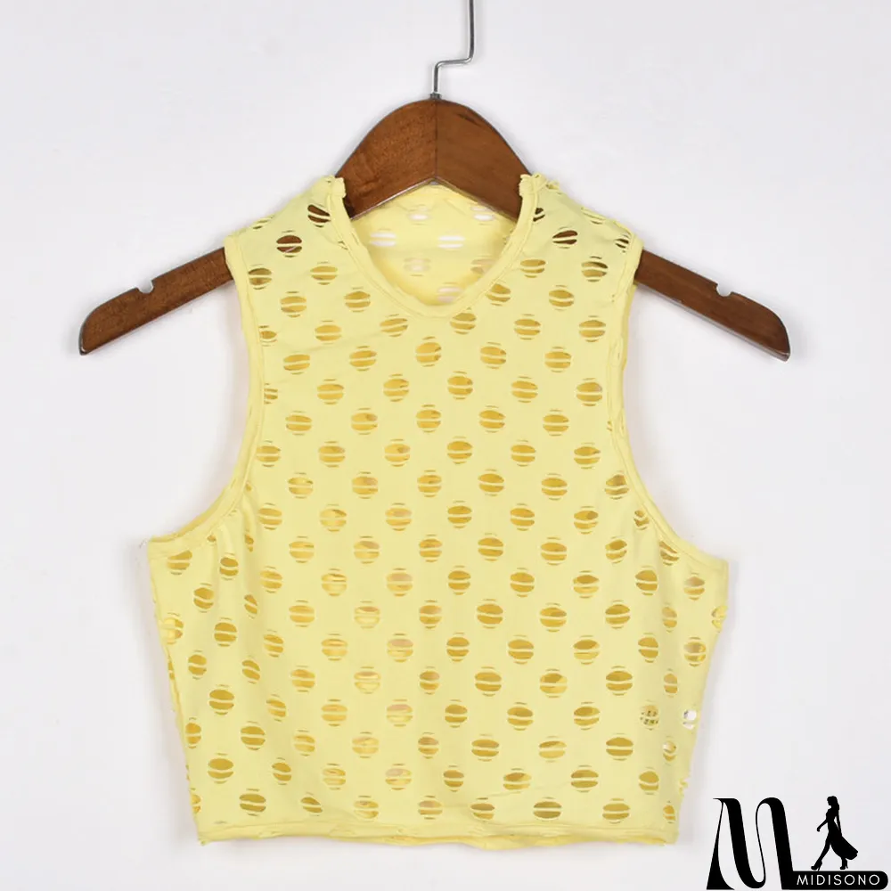 MidiSono - Yellow Fashion Sexy Solid Ripped Hollowed Out O Neck Tops