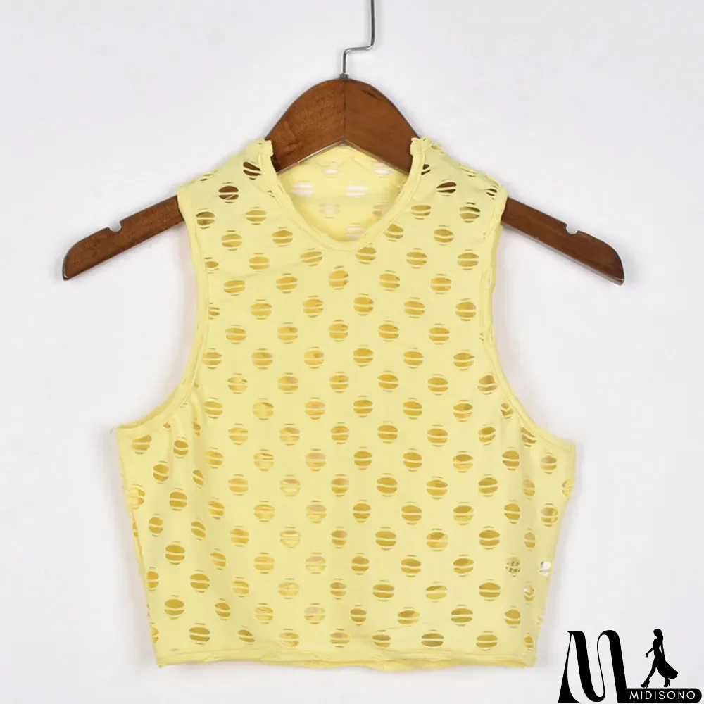 MidiSono - Yellow Fashion Sexy Solid Ripped Hollowed Out O Neck Tops