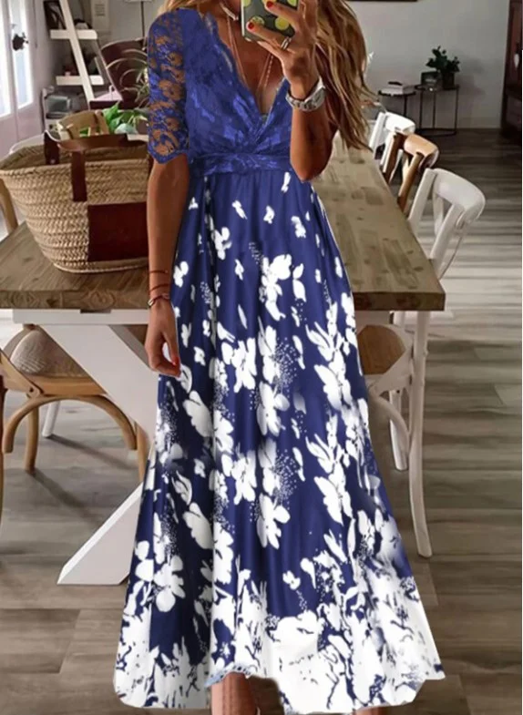 Vintage Floral Print Lace Maxi Dress