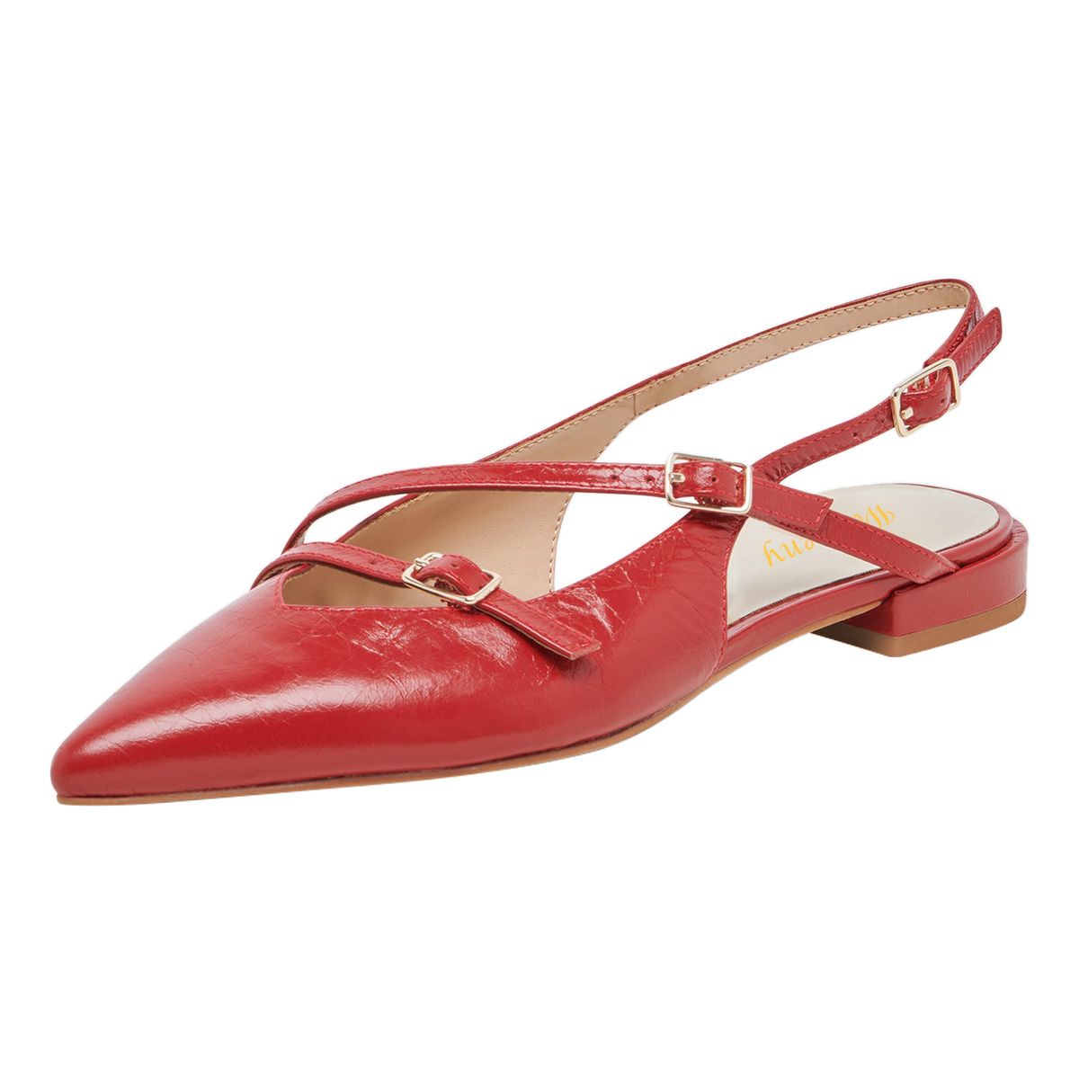 Red Vegan Leather Buckle Strappy Pointed Toe Flats with Slingback Nicepairs