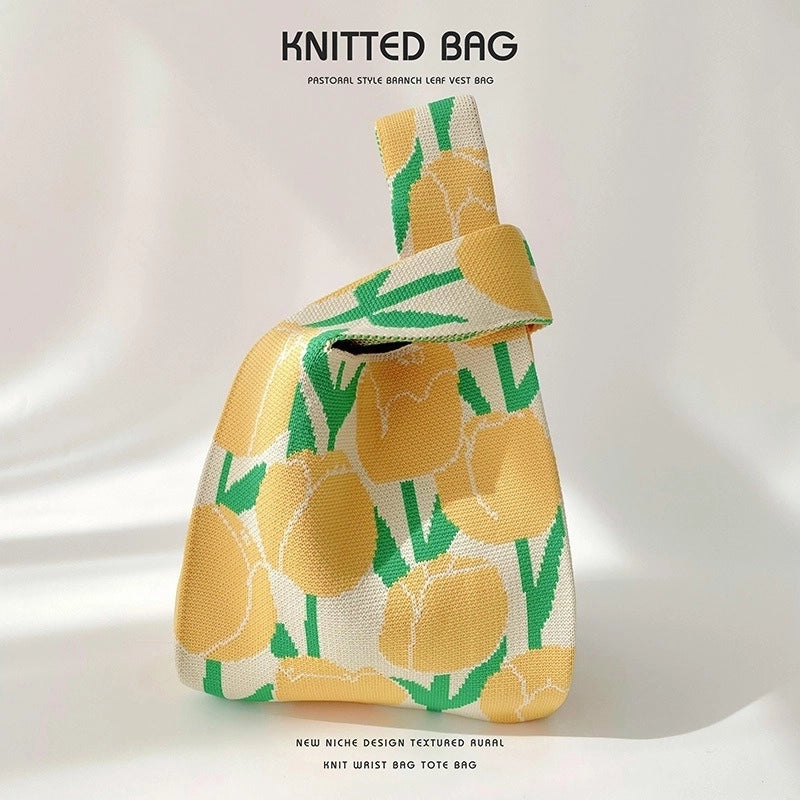 Women’s Medium Knit Letter Flower Cute Vintage Style Square Open Handbag