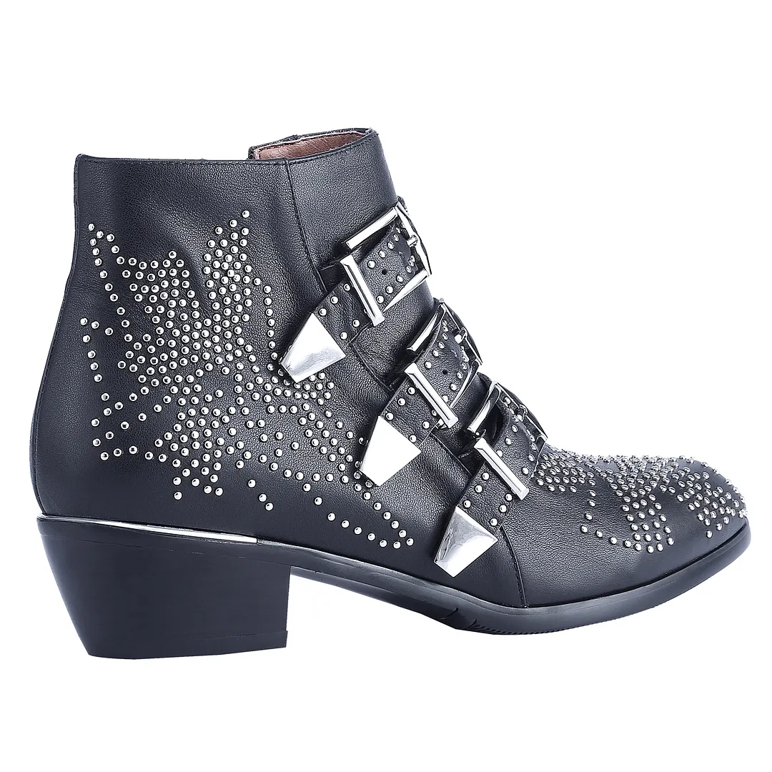 Women's Rivets Metal Buckle Low Heels Ankle Boots Black Silver-vocosishoes