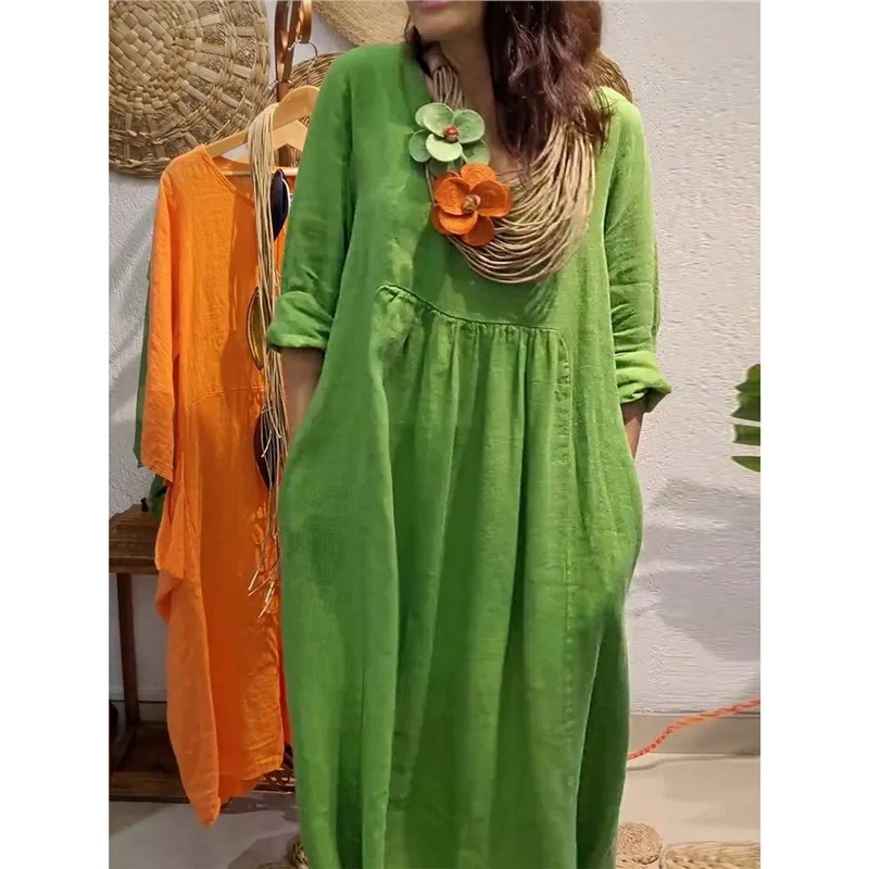 Athvotar Athvotar Spring And Summer Women's V-Neck Casual Solid Cotton Pocket Dress