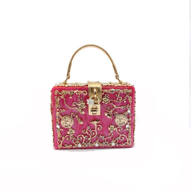 Black White Gold Arylic Flower Hollow Square Evening Bags