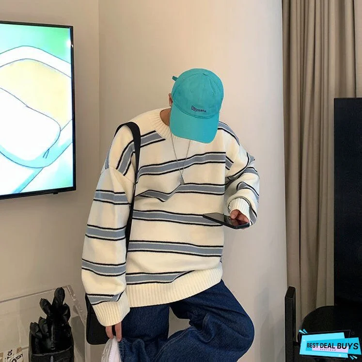 Striped Sweater Men Round Neck Winter Pullover Sweater Korean Fashion Harajuku Loose Wild Long Sleeve Sweater Oversize