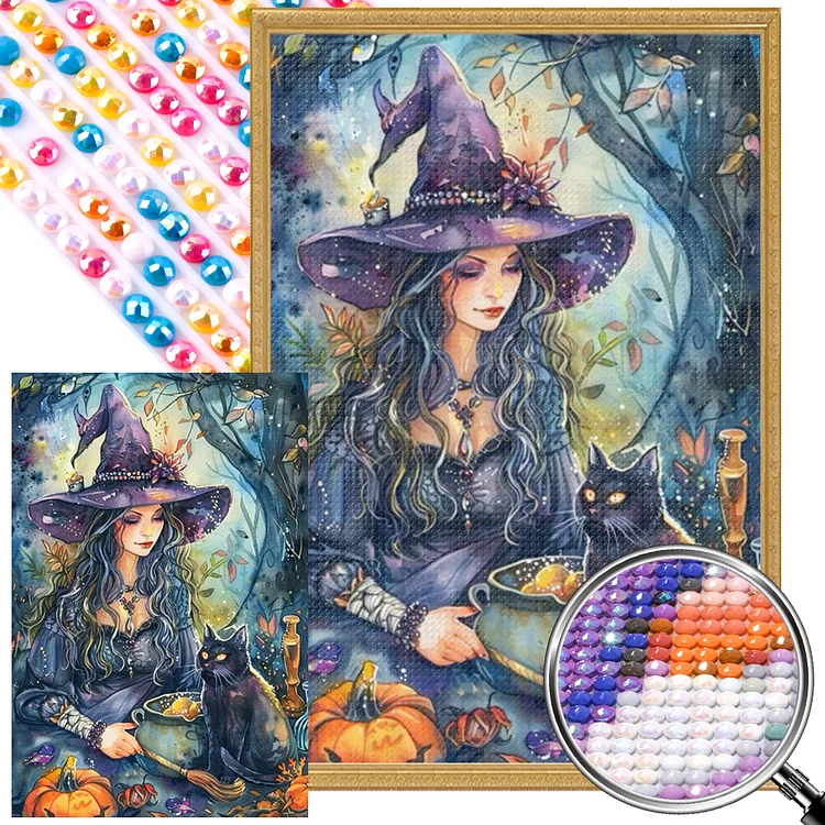 Witch and Cat - Full Round(Partial AB Drill) - Diamond Painting(45*65cm)
