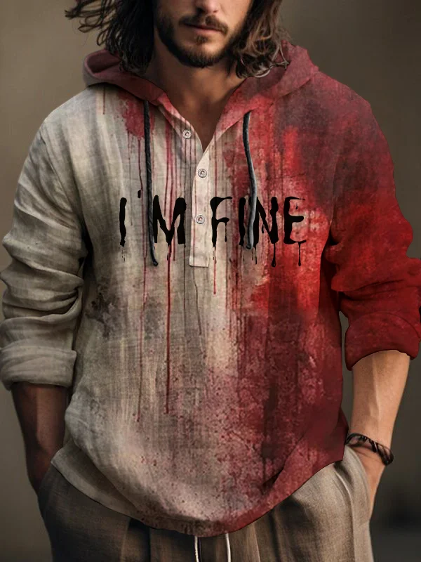 Men's Horrified I'm Fine Bloody Ink Dropping Art Print Hooded Long Sleeve Shirt