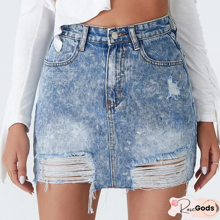 Hole Blue Denim Skirt Women Fashion High Waist Cotton A Line Mini Skirt Button Hot Street Wear Summer Korean New