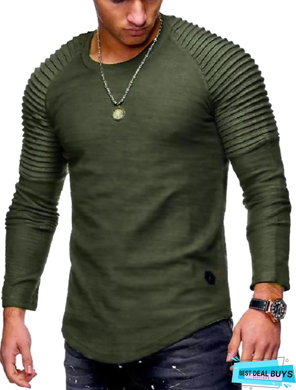 Men's T-Shirt Non-Printing Solid Colored Plus Size Long Sleeve Daily Tops Cotton Round Neck Army Green Gray Khaki