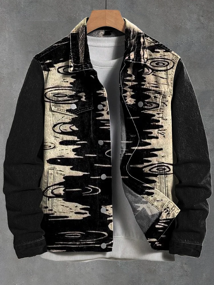 Vintage Water Ripple Mysterious Black and White Casual Denim Jacket